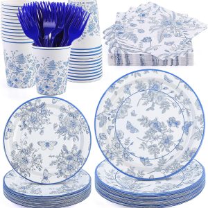 durony 144 Pieces Blue and White Flower Disposable Tableware Set 9 Inch 7 Inch Elegant Floral Paper Plates Blue Floral Cups Napkin and Forks Serve 24 for Birthday Baby Shower Party Supplies