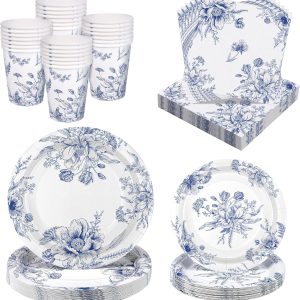 96 Piece Blue and White Floral Disposable Party Supplies Elegant Floral Paper Plates, Cups, and Napkins 9 Inch and 7 Inch Plates Serves 24 Guests for Birthday or Baby Shower
