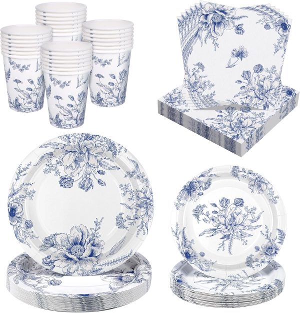 96 Piece Blue and White Floral Disposable Party Supplies Elegant Floral Paper Plates, Cups, and Napkins 9 Inch and 7 Inch Plates Serves 24 Guests for Birthday or Baby Shower