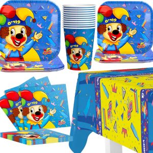 Purim Plates - Purim Party Tableware Set - Purim Party Supplies - Happy Purim Decorations for Home - Purim Party Goods - Serves 8 - Plates, Cups, Napkins, and Tablecloth