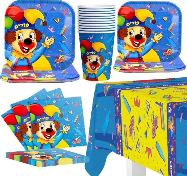 Purim Plates - Purim Party Tableware Set - Purim Party Supplies - Happy Purim Decorations for Home - Purim Party Goods - Serves 8 - Plates, Cups, Napkins, and Tablecloth