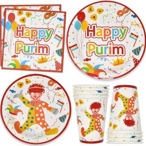 Gift Boutique Happy Purim Party Supply Table Set 24 9" Dinner Plates 24 7" Dessert Plate 24 9 Oz Cup 24 Lunch Napkin for Jewish Carnival Mask Masquerade Disposable Paper Dinnerware Table Decors