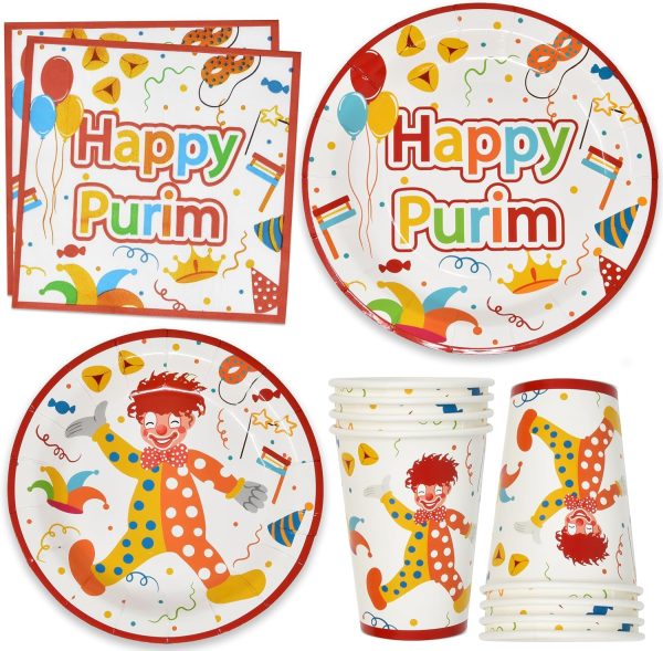 Gift Boutique Happy Purim Party Supply Table Set 24 9" Dinner Plates 24 7" Dessert Plate 24 9 Oz Cup 24 Lunch Napkin for Jewish Carnival Mask Masquerade Disposable Paper Dinnerware Table Decors