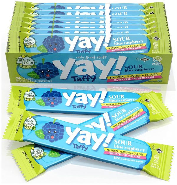 Heaven & Earth Sour Blue Raspberry Yay Taffy (24 Pack) | Dye Free | Natural Colors & Flavors | No High Fructose Corn Syrup | Gluten Free | Kosher | Wonderfully Delicious!
