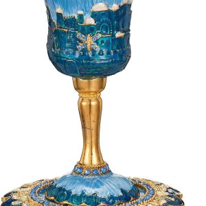 Matashi Hand-Painted Enamel Tall 5" Kiddush Cup Set with Stem and Tray Embellished with Crystals, Jerusalem Cityscape for Weddings Shabbat Havdalah Passover Goblet Judaica Gift