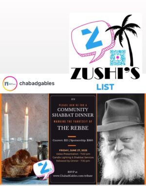 Community Shabbat Dinner at Chabad Gables honoring the Rebbe’s Yahrtzeit on June 27, 2025