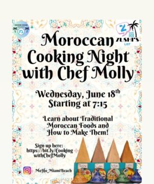Moroccan Cooking Night with Chef Molly on June 18, 2025, at Moishe House Miami Beach.