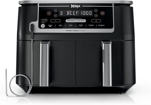 Ninja DZ550 Air Fryer 10 QT, Grey, Thermometer, Roast, Bake, Air Fry, Crisps, Broil, Reheats, Keep Warm, 6-in-1, Fries, Frozen Food, Veggies, Meat, Quick Meals, Healthy Meals, Less Oil