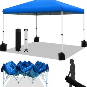 WEIZE Pop up Canopy Tent 10x10ft, 1-Button Push Setup, Instant Portable Shelter, Adjustable Height, Portable Roller Bag, 4 Weight Bags, Guy Ropes & Stakes Included Blue