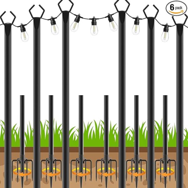 6 Pack String Light Poles, Outdoor String Light Pole 10 ft Forked Metal Light Pole with Adjustable Outdoor Light Stand, Deck, Backyard, Garden, Wedding, Rustproof and Sturdy with Hooks