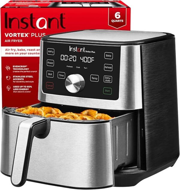 Instant Pot Vortex Plus 6QT Air Fryer, XL, Black, from the Makers of Instant Pot, 6-in-1, Broils, Dehydrates, Crisps, Roasts, Reheats, Bakes, Quick Easy Meals, 100+ In-App Recipes, Dishwasher-Safe