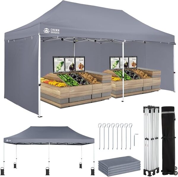 CROWN SHADES 10x20 Pop Up Canopy Tent, Thicken Frame Commercial Heavy Duty Tent, 4 Sidewalls 8 Stakes & 4 Sandbags & 4 Ropes, Outdoor Canopies for Events, Parties, Gray