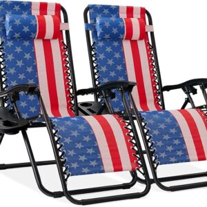 Best Choice Products Set of 2 Adjustable Steel Mesh Zero Gravity Lounge Chair Recliners w/Pillows and Cup Holder Trays - American Flag