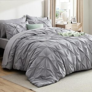 Bedsure Queen Comforter Set Grey - Bed in a Bag Queen Size 7 Pieces, GentleSoft™ Pintuck Bed Set Gift for Family, Pinch Pleat Grey Comforter with Sheets, Pillowcases & Shams