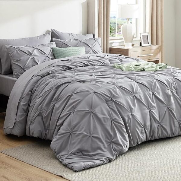 Bedsure Queen Comforter Set Grey - Bed in a Bag Queen Size 7 Pieces, GentleSoft™ Pintuck Bed Set Gift for Family, Pinch Pleat Grey Comforter with Sheets, Pillowcases & Shams