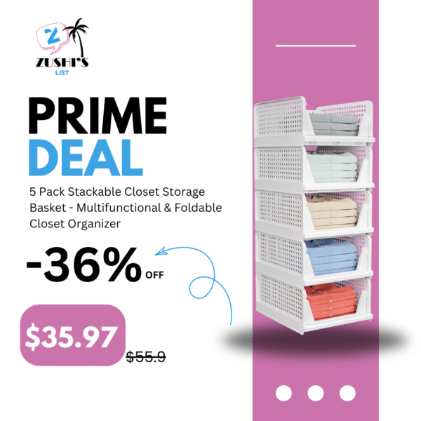 5 Pack Stackable Closet Storage Basket - Stackable Storage Bins, Multifunctional & Foldable Closet Organizer, Wardrobe Cupboard Space-Saving Hat Storage Drawer Organizer, White