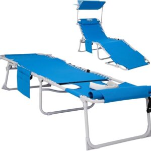 #WEJOY 3 in 1 Tanning Chair with Face Hole & Canopy, 300 lbs Heavy Duty 5 Positions Folding Face Down Lounge Chairs Outdoor with Pillow & Storage Bag Portable for Pool Beach Lawn Camping (Blue)