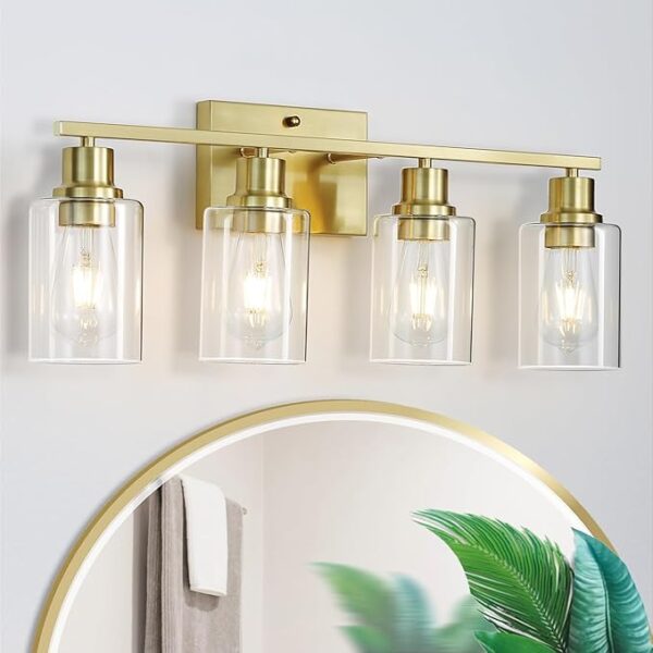 Brushed Gold Vanity Lights for Bathroom, 4-Light Bathroom Lighting Fixtures Over Mirror, Farmhouse Modern Brass Wall Sconces with Clear Glass for Living Room Bedroom Hallway