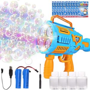 Automatic Bubble Machine Gun Rechargeable Bubble Gun for Kids with 4 Bottles 10 Bags of Refill Solution Lights Electric Rocket Bubble Blaster Toys Outdoor Toys Gifts Wedding Easter Party Favor