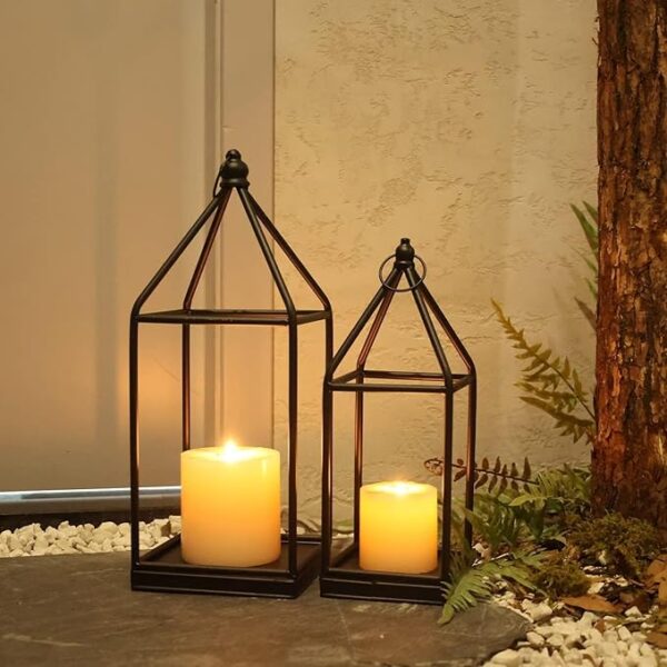 DECORKEY Luxury Lantern Decorative Outdoor&Indoor, Set of 2 (18’’&14’’) Black Metal Lanterns Decor, Vintage Hanging Candle Holder for Home Porch Wedding Centerpiece,Halloween Christmas Decorations