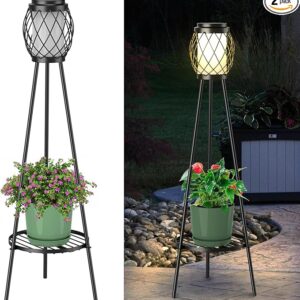 Solar Lights Outdoor with Plant Stands 2 Pack, Solar Floor Lamp Metal Tripod Patio Lights for Garden Yard Pathway Driveway Front/Back Porch Decoration
