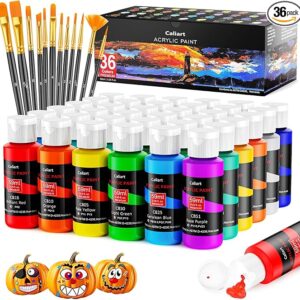 Caliart Acrylic Paint Set With 12 Brushes, 36 Colors (59ml, 2oz) Art Craft Paints Gifts for Artists Kids Beginners & Painters, Halloween Pumpkin Canvas Ceramic Rock Painting Kit Art Supplies
