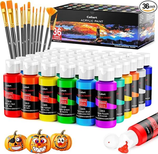 Caliart Acrylic Paint Set With 12 Brushes, 36 Colors (59ml, 2oz) Art Craft Paints Gifts for Artists Kids Beginners & Painters, Halloween Pumpkin Canvas Ceramic Rock Painting Kit Art Supplies