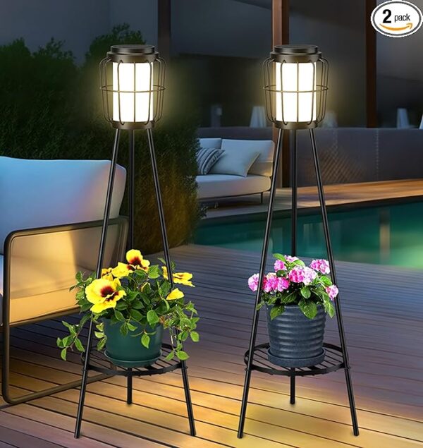 2 Pack Solar Lights with Plant Stand, Outdoor Floor Lamps, Waterproof Solar Powered Floor Lamps for Patio Deck Porch Yard Garden Decor