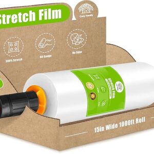 Cosy Family Plastic Wrap Stretch Film Roll - 1000ft 60 Gauge Industrial Strength 15 inch Wide Clear Plastic Wrap Roll with Handles for Pallet Wrapping Shipping Moving - Clear, Pack of 1
