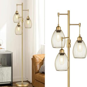 Dimmable Industrial Floor Lamps for Living Room, Gold Tree Standing Tall Lamps with 3 Elegant Teardrop Cage Head & 800 Lumens LED Bulbs for Bedroom Office