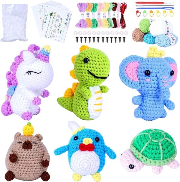 BOLDNOVA 6PCS Crochet Kit for Beginners, Knitting Kit with Step-by-Step Video Tutorials, Beginner Crochet Kit for Adults, Crochet Animal Kit for Beginners Kids, Complete Kit Included 6 Cute Animals