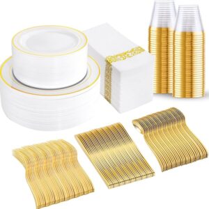 bUCLA 350PCS Gold Plastic Dinnerware Set - Gold Disposable Dinnerware for 50 Guests, Includes 50 Dinner Plates, 50 Dessert Plates, 50 Forks, 50 Knives, 50 Spoons, 50 Cups & 50 Napkins for Party