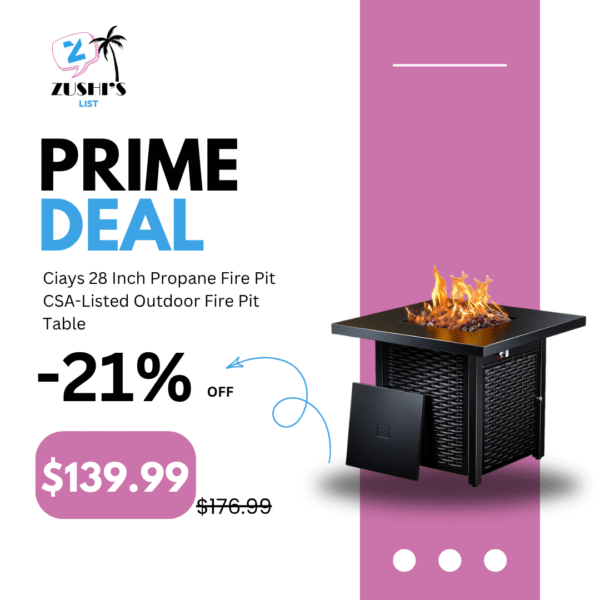 Ciays 28 Inch Propane Fire Pit CSA-Listed Outdoor Fire Pit Table, 50,000 BTU Steel Gas Fire Pits with Lid and Lava Rock, Add Warmth and Ambience to Parties On Patio Deck Garden,Black,CIFPT3-N1