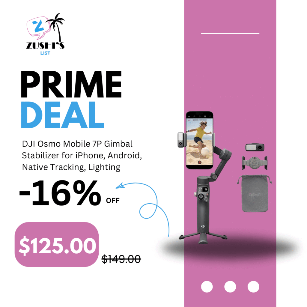 DJI Osmo Mobile 7P Gimbal Stabilizer for iPhone, Android, Native Tracking, Lighting, 3-Axis Phone Gimbal, Quick Launch, One-Tap Edit, Built-in Extension Rod & Tripod, 10hrs Use, Phone Charging