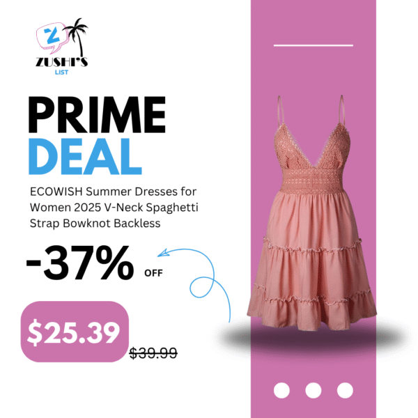 ECOWISH Summer Dresses for Women 2025 V-Neck Spaghetti Strap Bowknot Backless Sleeveless Lace Mini Swing Skater Dress