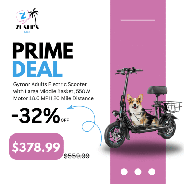 Gyroor Adults Electric Scooter with Large Middle Basket, 550W Motor 18.6 MPH 20 Mile Distance, Foldable E-Scooter with seat for Pets & Cargo