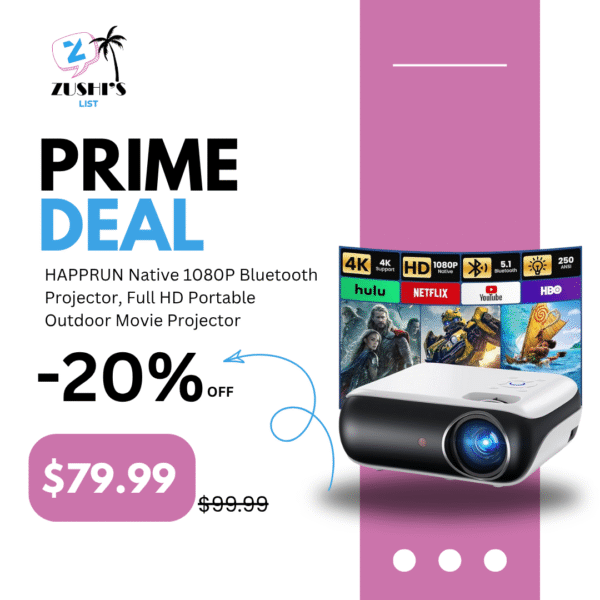 HAPPRUN Native 1080P Bluetooth Projector, Full HD Portable Outdoor Movie Projector with Built-in Speaker, Compatible with Smartphone, HDMI, USB, AV, Fire Stick, PS5 for Home, Bedroom, Outdoor Use
