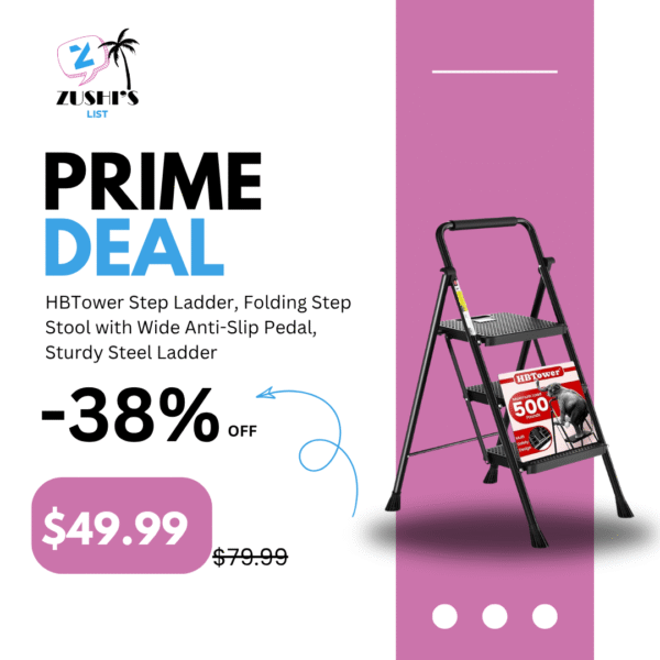 HBTower Step Ladder, Folding Step Stool with Wide Anti-Slip Pedal, Sturdy Steel Ladder, Convenient Handrail, Lightweight, Portable Steel Step Stool