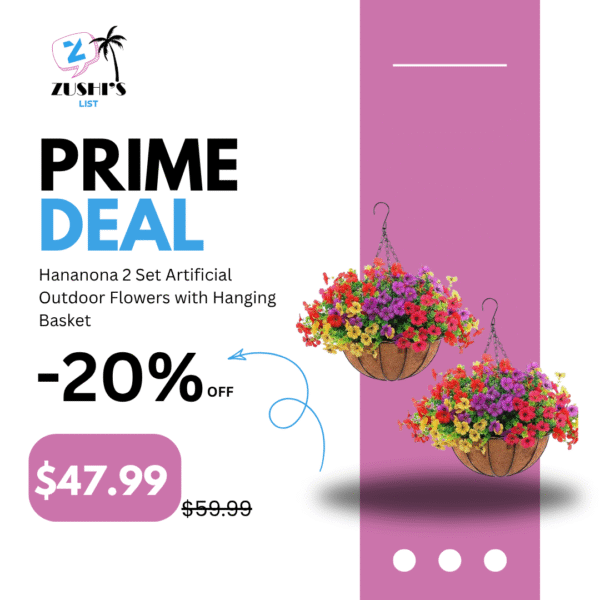 Hananona 2 Set Artificial Outdoor Flowers with Hanging Basket, 2 Hanging Planters with 24 Pcs Flowers for Spring Summer Front Porch Garden Patio Home Decor (2, Red, Purple, Yellow, Rose Red)
