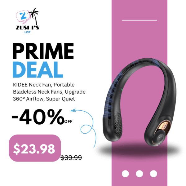 KIDEE Neck Fan, Portable Bladeless Neck Fans, Upgrade 360° Airflow, Super Quiet, 3 Speeds, 4000mAh Personal Wearable Neck Fan, Upgraded Cooling Air Volume USB Rechargeable Hands Free Fan