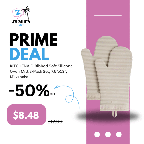 KITCHENAID Ribbed Soft Silicone Oven Mitt 2-Pack Set, 7.5"x13", Milkshake