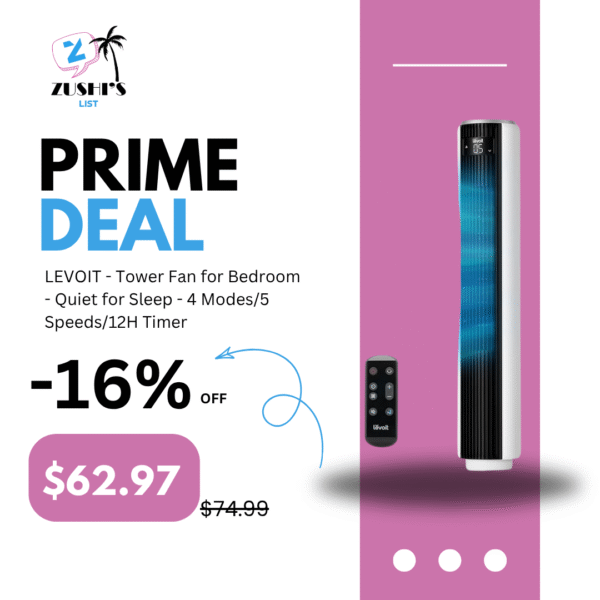 LEVOIT - Tower Fan for Bedroom - Quiet for Sleep - 4 Modes/5 Speeds/12H Timer - 25ft/s Velocity - 36 inch Standing fan with Remoter - 90° Oscillation for Home/Office/Indoor/Bladeless White