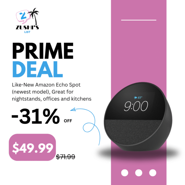 Like-New Amazon Echo Spot (newest model), Great for nightstands, offices and kitchens, Smart alarm clock with Alexa, Black