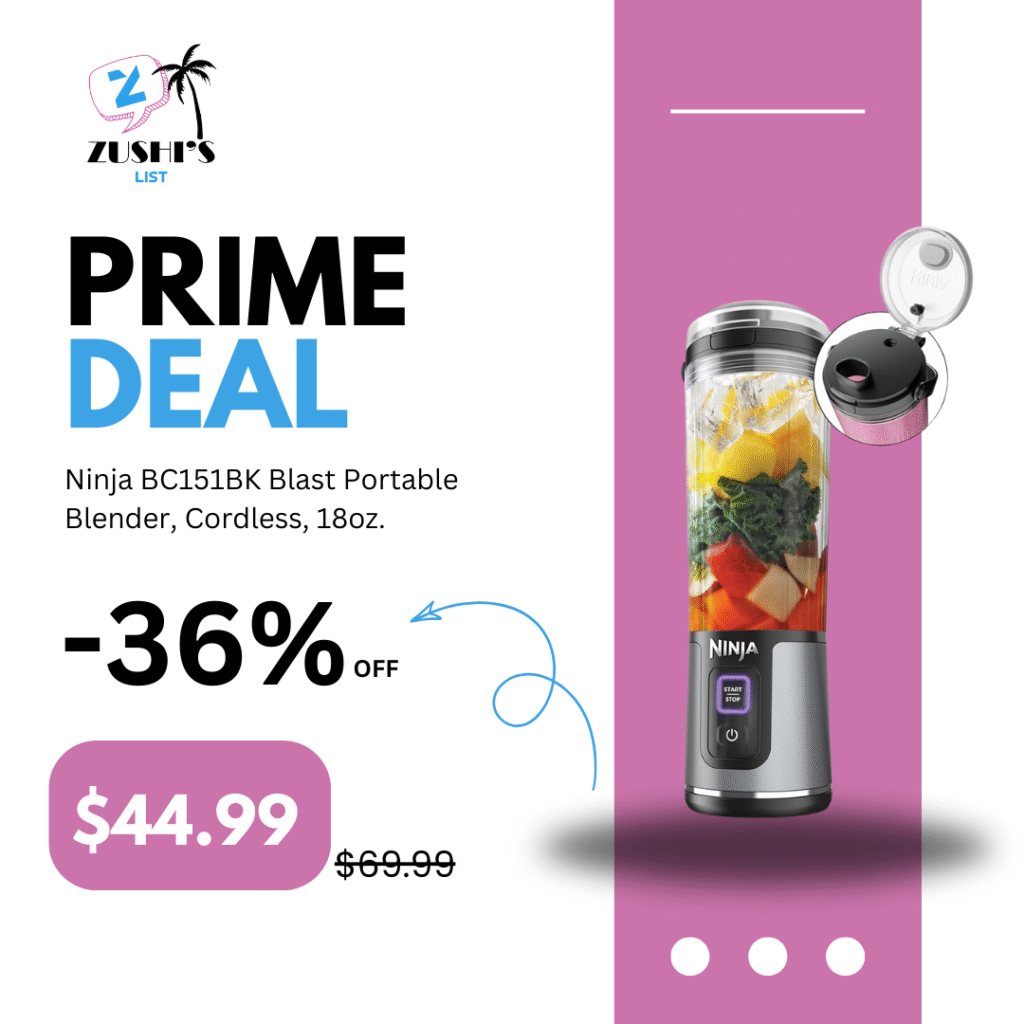 Ninja BC151BK Blast Portable Blender, Cordless, 18oz. Vessel, Personal Blender-for Shakes & Smoothies, BPA Free, Leakproof-Lid & Sip Spout, USB-C Rechargeable, Dishwasher Safe Parts, Black