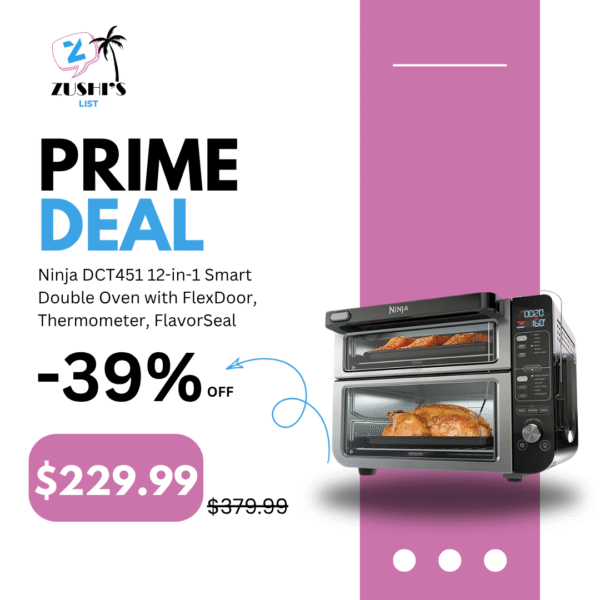 Ninja DCT451 12-in-1 Smart Double Oven with FlexDoor, Thermometer, FlavorSeal, Smart Finish, Rapid Top Convection and Air Fry Bottom , Stainless Steel