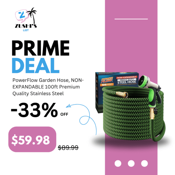 PowerFlow Garden Hose, NON-EXPANDABLE 100ft Premium Quality Stainless Steel Metal Water Hose with Durable Fabric Skin, Hose For Commercial, Residential Use, Bonus 10-way Spray Nozzle (100 Ft, Green)