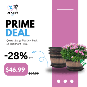 Quarut Large Plastic 4 Pack14 inch Plant Pots,Whiskey Barrel Planters with Drainage Holes & Saucer.Flower Pots Imitation Wine Barrel Design for Indoor & Outdoor Garden Balcony Plants.5 Gallons(Brown)