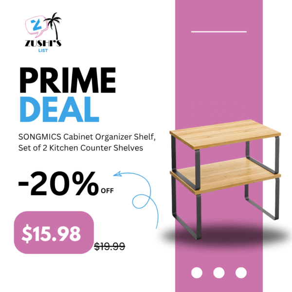 SONGMICS Cabinet Organizer Shelf, Set of 2 Kitchen Counter Shelves, Kitchen Storage, Spice Rack, Stackable, Expandable, Metal and Engineered Wood, Ink Black and Natural Beige UKCS02NB
