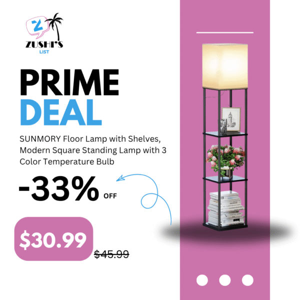 SUNMORY Floor Lamp with Shelves, Modern Square Standing Lamp with 3 Color Temperature Bulb, Corner Display Bookshelf Lamp for Living Room and Bedroom(Black)
