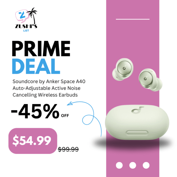 Soundcore by Anker Space A40 Auto-Adjustable Active Noise Cancelling Wireless Earbuds, Reduce Noise by Up to 98%, 50H Playtime, Hi-Res Sound, Comfortable Fit, App Customization, Wireless Charge